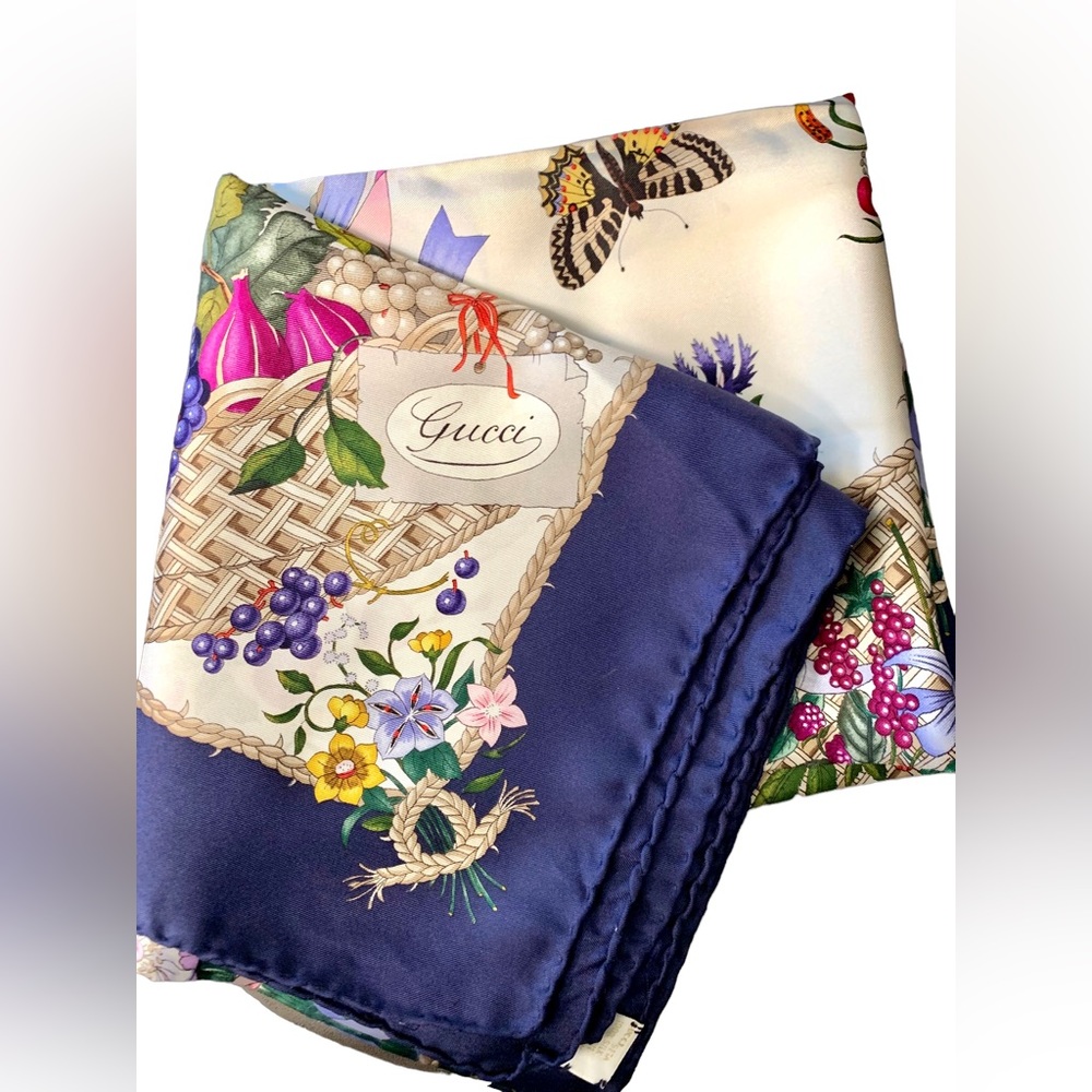 Gucci Vintage Silk Scarf in Floral and Fruit basket with Butterflies design - Picture 5 of 13